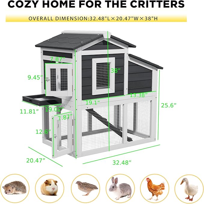Small Chicken Coop for 2 Chickens, Wooden Chicken Coops with Nesting Boxes Indoor Outdoor, Predator-Proof Bunny House Rabbit Hutch Poultry Pet Tractor Cage with Waterproof Roof, Stairs&Removable Tray