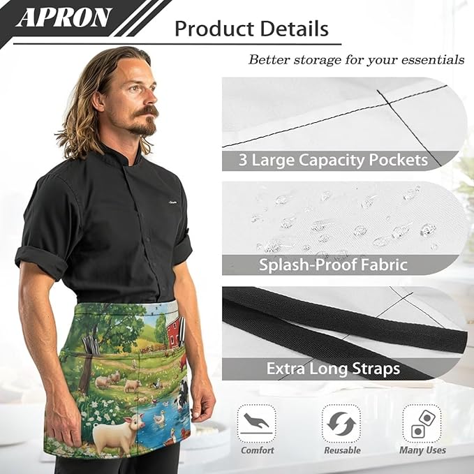 Waistress Apron with Pockets Coffee Waiter Apron Long String Chef Half Aprons for Cooking Kitchen Hairdresser