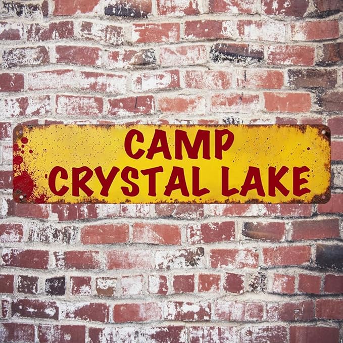Horror Decor Camp Crystal Lake Street Sign Vintage Metal Tin Signs Horror Movie Decor Halloween Posters Man Cave For Home Kitchen Bathroom Wall Decorations 16x4 Inches