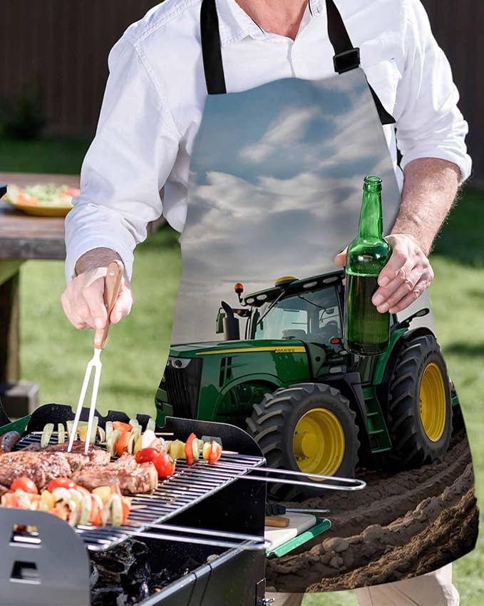 Farm Tractor Bib Aprons for Women With Pockets, Green Truck Country Rustic Field Harvester Waterproof Canvas Chef Kitchen Cooking Apron