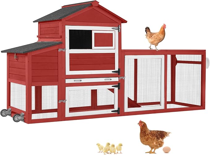 Aivituvin Mobile Chicken Coop with Wheels for 4-6 Chickens, Backyard Expandable Chicken House Duck Cage with Run, 2 Nesting Boxes, Easy Clean Pull-Out Tray, Leak-Resistant Asphalt Roof, 82.4"(Red)
