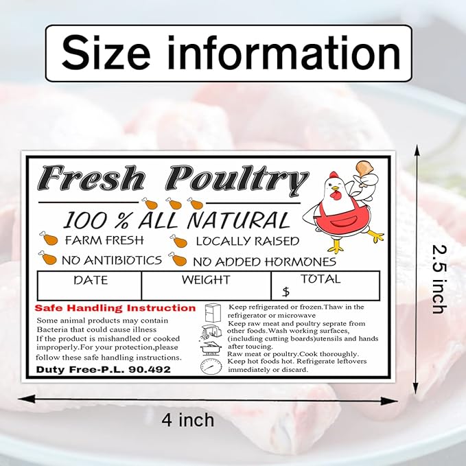 120pcs Poultry Freezer Labels with Safe Handling Instructions Frozen Stickers,Exemption P.L. 90-492(4x2.5 inch)