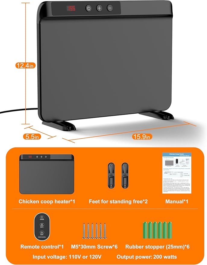 TIMEBAL 2025 Smart Chicken Coop Heater with Adjustable Temperature Remote Control, 200 Watts Radiant Heat Flat Panel Heaters for Winter Heating,Adaptable to Timer and Temp Controllers (Black)
