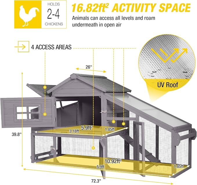Aivituvin Mobile Chicken Coop with Wheels for 2-4 Chickens, Backyard Expandable Chicken House Duck Cage with Run, 2 Nesting Boxes, Easy Clean Pull-Out Tray, Leak-Resistant Asphalt Roof, 72.3"(Grey)