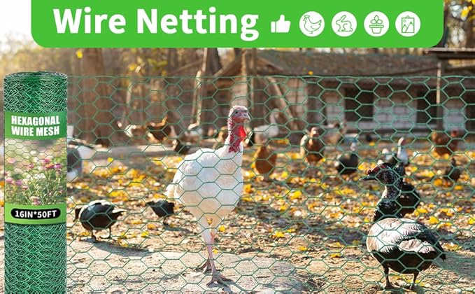 16 x 600 Inches Chicken Wire for Floral Arrangements, Green Chicken Wire, Hexagonal Galvanized Wire Mesh for Poultry Barrier, Flower Arrangement, Crafts and Garden