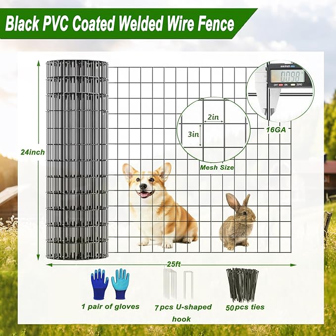 Welded Wire Fence 24inch x 25ft, Black PVC Coated Garden Fencing, 2 inch x 3inch 16Gauge Chicken Wire Fence Roll, Anti-Rust Metal Fencing for Yard Plant Protection Poultry Netting