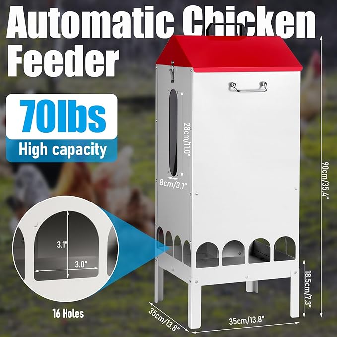 70-80lbs Large Automatic Chicken Feeder with16 Feeding Ports Gravity Poultry Feeder with Viewing Window, No Waste Chicken Feeder for Duck Geese Turkey