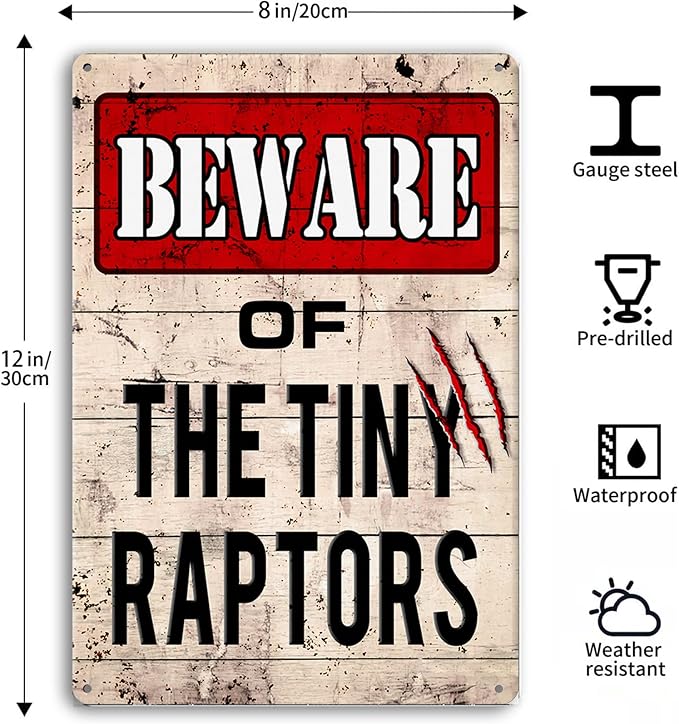 Tiny Raptors Chicken Signs, Funny Metal Tin Signs for Chicken Coop Farm Chicken Feeder Accessories for Chicken Lovers, Retro Yard Sign Wall Decor Gifts for Home, Kitchen, Outdoor (8x12inch)