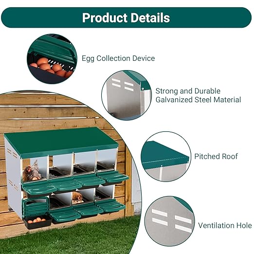 Garvee Chicken Nesting Boxes, 8 Hole Metal Chicken Laying Box with Removable Trays and Roll Out Egg Collection for Chicken Coop, Green