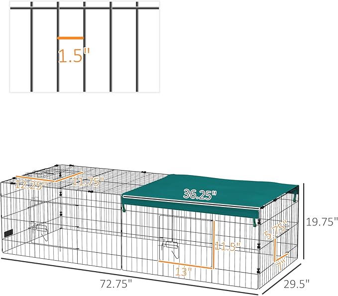 PawHut Metal Chicken Coop, 73" x 30" x 20" Chicken Run Pen for Yard with Cover, Portable Catio Poultry Cage Indoor Outdoor Backyard, Cat Cage for Rabbit, Duck, Hen, Small Animal, Chinchillas, Green