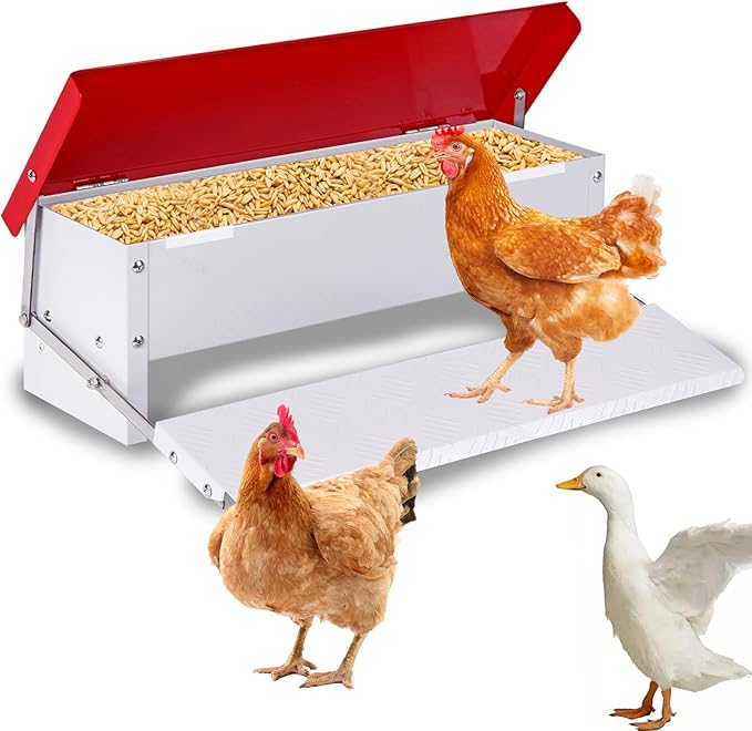 9L Automatic Chicken Feeder Treadle Rat Proof Metal Galvanized Poultry Feeders Treadle Chicken Feeder with Weatherproof Lid for Duck Turkey Outside No Waste