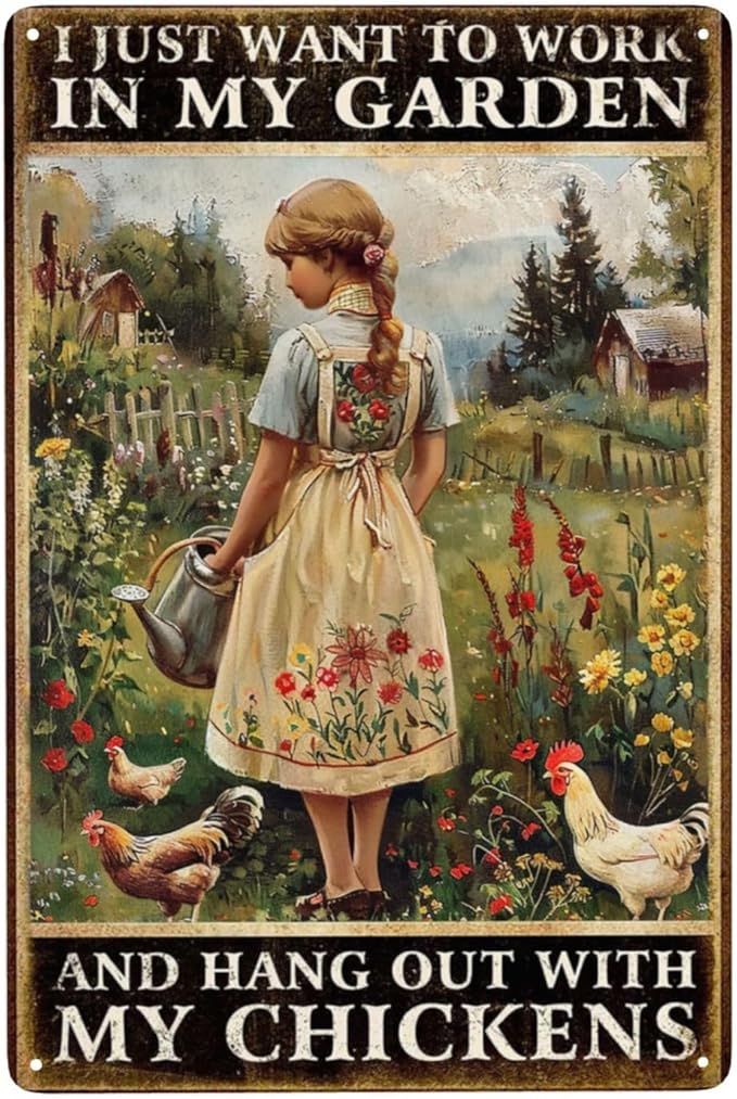 Vintage Girl Chicken Metal Tin Sign Farm Chicken Sign Poster Wall Decor-Retro Chicken Accessories Coop Signs Chicken Signs 8 x 12 inches