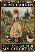 Vintage Girl Chicken Metal Tin Sign Farm Chicken Sign Poster Wall Decor-Retro Chicken Accessories Coop Signs Chicken Signs 8 x 12 inches