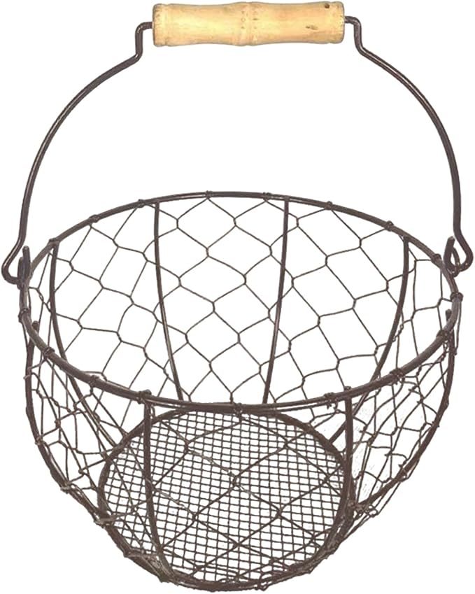 Chicken Egg Basket for Gathering Fresh Eggs with Metal Handle, Round Egg Holder Countertop, Vintage Rustic Farmhouse Kitchen Decor Fruit Storage
