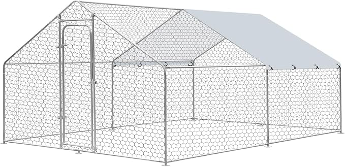 Large Metal Chicken Coop, Walk in Chicken Runs for Yards with Cover, Hen House Enclosure with Security Lock & Waterproof Cover, Outdoor Duck Rabbit Pens Chicken House, 13.1 x 9.8 x 6.5 ft