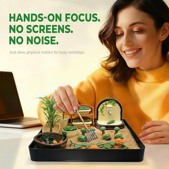 Vegetable Zen Garden for Desk, Vegetable Themed Desktop Zen Sand Garden, Stress Relief Sand Tray Therapy Kit, Office Desk Decor Accessories, Coworker Gifts for Birthdays