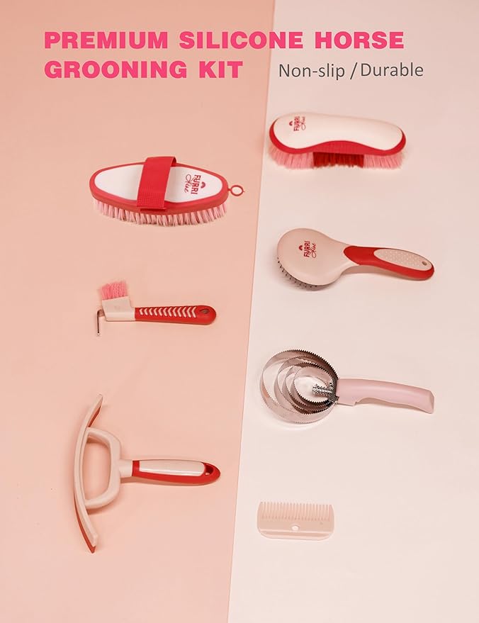 9-Piece Horse Grooming Brush Kit, Silicone Curry Comb & Grooming Brushes for Daily Care, Bathing & Shedding Pink Garnet