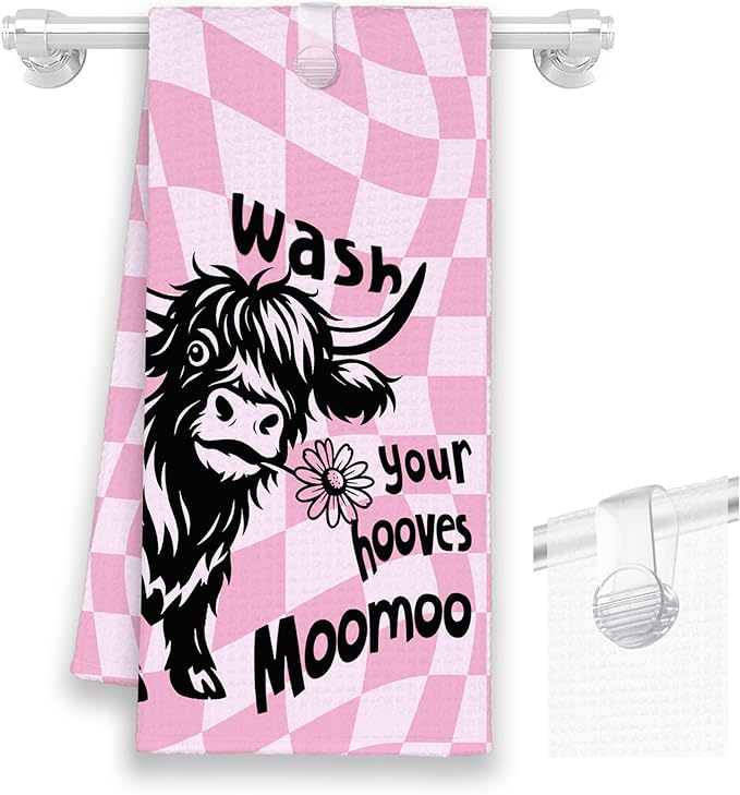 Funny Highland Cow Pink Bathroom Kitchen Towels, Cute Wash Your Hooves Hand Towel for Girly Teens Room, Farmhouse Gifts for Farmer, Trendy Preppy Checkered Dish Towels Decor for Dorm 16x24in