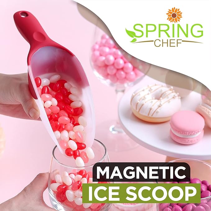 Spring Chef Red Magnetic Ice Scoop for Freezer & Ice Machine - Multifunctional BPA-Free Plastic Scoop with Soft Grip Handle - Kitchen Food Scooper for Flour, Rice, Popcorn, Dog Food - Dishwasher Safe