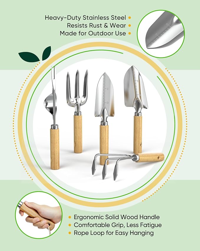 Wood Wall Hooks Organizer Gardening Tool Set, 6-Piece Garden Tools with 5 Sturdy Wooden Hooks for Wall, Rust-Proof Outdoor Garden Tool Set, Gardening Gifts for Women, Coat Rack Wall Mount