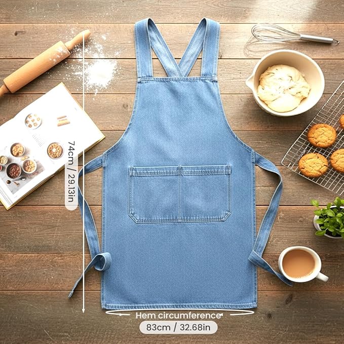 Apron with Pockets for Women and Men, Lightweight Cotton Jean Cross Back Apron with Front Pocket for Cooking Gardening