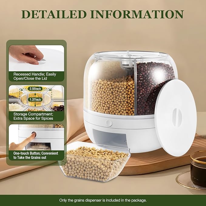Rotating Grain Dry Food Dispenser Countertop - 6 Grids Cereal Tank Dispenser for Lentils, Rice, Beans - Kitchen Pantry Storage Container- Max 10kg/22 lbs Capacity - White