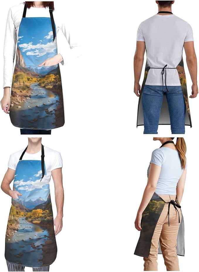 Kitchen Aprons for Men Women Waterproof Apron with 2 Pockets Skis on mountain Apron Adjustable Bib Aprons