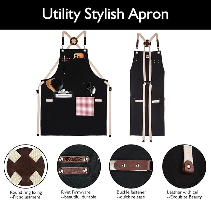 10 Pack Kitchen Aprons, Work Apron, Canvas, Multiple Pockets, Gardening, Painting, BBQ, Artist, Carpenter, Sizes M to XXL, Black