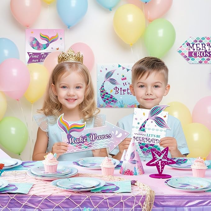 WERNNSAl 10PCS Mermaid Birthday Party Decorations - Ocean Party Decorations for Girls Kids Mermaid Birthday Party Supplies under The Sea Mermaid Sign for Home Door Yard Wall Decor
