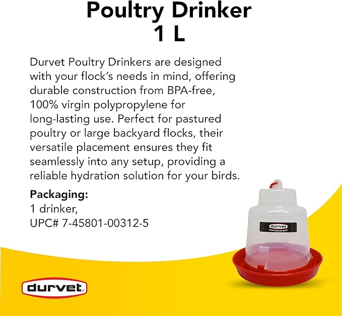 Durvet, Baby Chick Waterer, 1L Poultry Drinker for Chicks and Ducklings