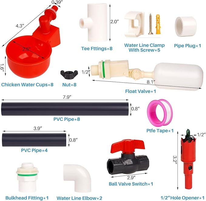 8 Chicken Water Cups Feeder Automatic Chicken Waterer System with Tee Fittings,PVC Pipe, for Quail Duck Poultry Watering Chicken Water Nipples Chicken Coop Water Dispenser