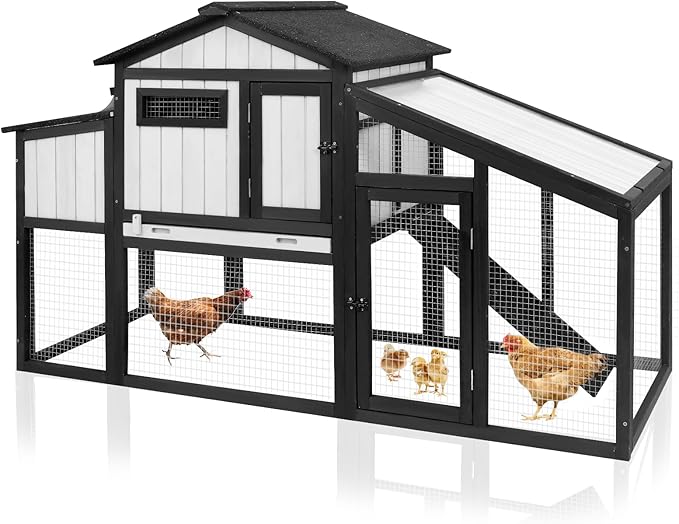 65.3" L Chicken Coop and Run, Wooden Hen House for 1-2 Chickens with Nesting Box, Tray, Perches Indoor/Outdoor Pet Hutch Backyard Use, Combinable, Black