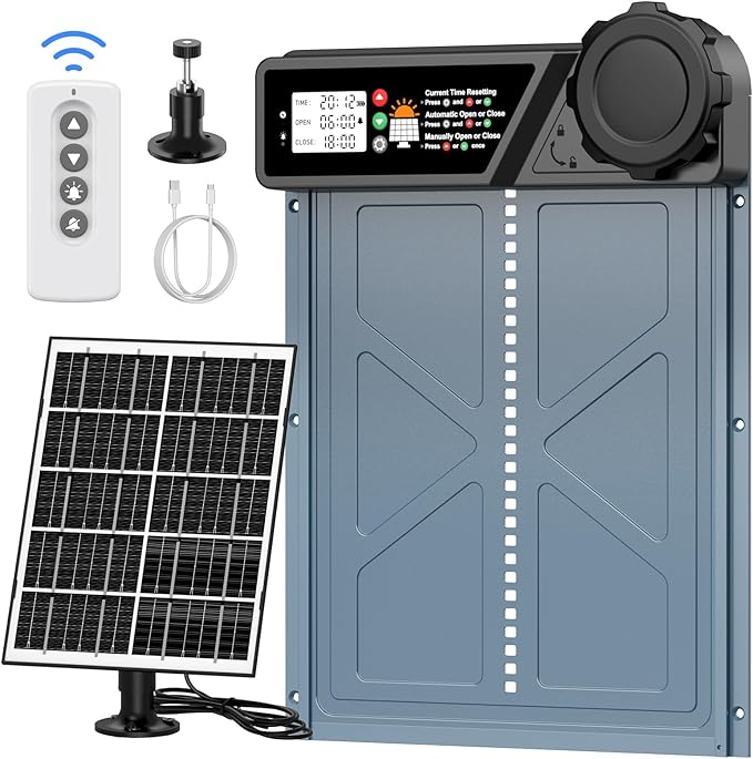 Large Size Automatic Chicken Coop Door Solar - Powered Auto Chicken Door Opener, Timer Modes for Safe and Convenient Chicken Keeping with Intelligent Obstacle Sensors, Remote Control, 14.2"H x 10.83"L
