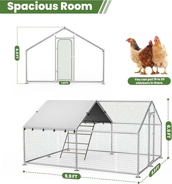 Large Metal Chicken Coop with Waterproof and UV-Resistant Cover,Chicken Run Outdoor Walk-in Cage Rabbit Duck Hen House for Yard Farm Use Spire Roof (10’ W x 9.9’ L x 6.4’ H)