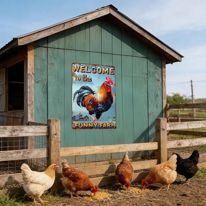 Funny Rooster Sign Welcome To The Funny Farm Rustic Tin Sign for Home Farm Chicken Coop Decor 16x12 Inch