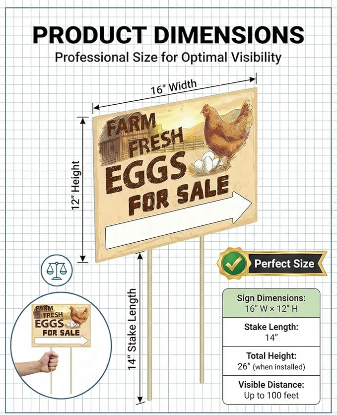5-Pack Double Sided Farm Fresh Eggs Sale Signs with 10 Reinforced Fiberglass Stakes for Backyard Chicken Farm Advertising,16x12"