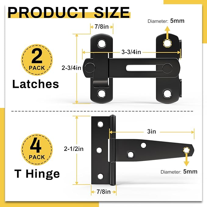 Chicken Coop Gate Hardware Kit,3 inch T-Strap Shed Hinges and 4 inch Door Latches,Heavy Duty Gate Hinge and Latch Sets for Chicken Coop Accessories Replacement,Door Repair and DIY