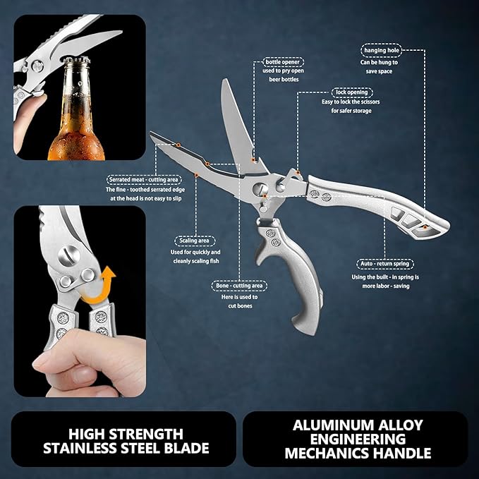 Heavy Duty Poultry Shears with Fish Scaler, Spring Loaded Kitchen Scissors for Food, 2CR14 Steel, Safety Lock, Silver Handle, Dishwasher Safe – Tutuyao Chicken Turkey Meat Fish Scissors