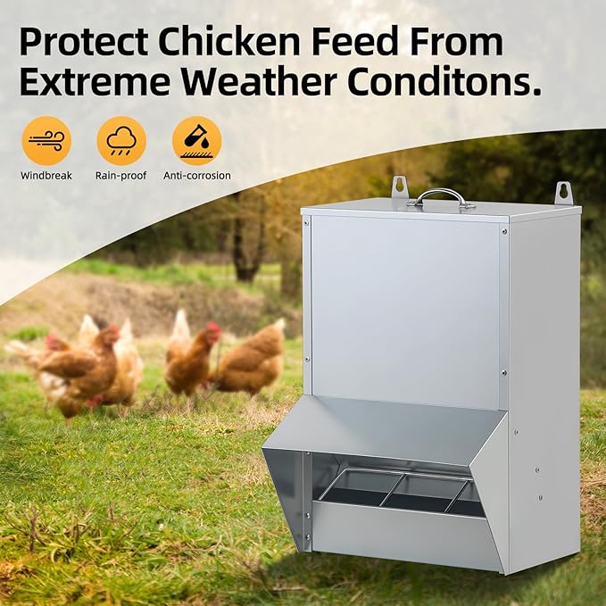 Galvanized Chicken Feeder Outdoor Poultry Feeder w/Lid Weatherproof,Easy refilling and Cleaning.NO Mess! NO Waste! (30LB Capacity)