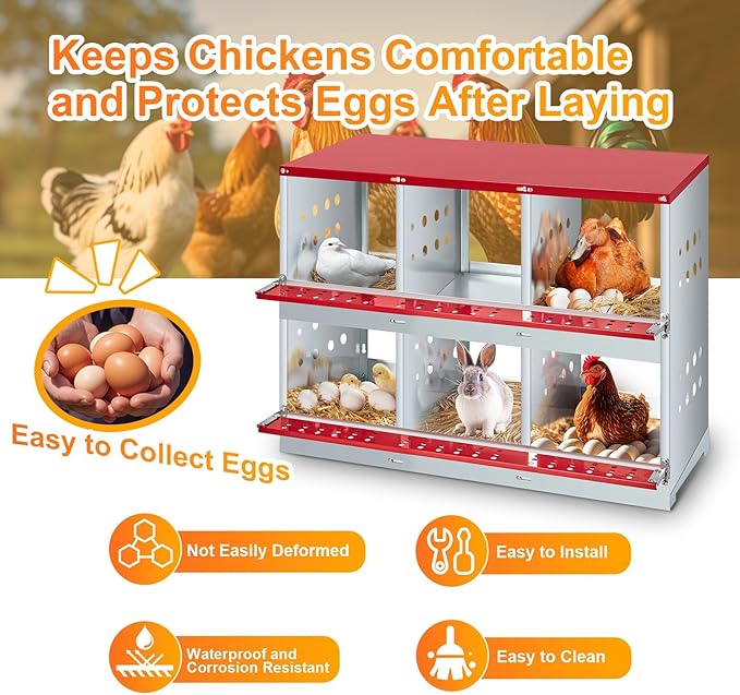 6-Compartment Chicken Nesting Box with Roll-Away Egg Collection - Metal Laying Box for Hens and Ducks, Features Pull-Out Tray & Swing Perch, Wall Mount Design for Coops