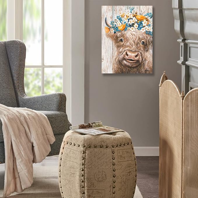 Yidepot Cow Wall Art Farmhouse Decor: Rustic Pretty Furry Cattle Print Wearing Wreaths for Bedroom Cute Abstract Vintage Cow Stuff Artwork Framed Ready to Hang Size 12"x15"