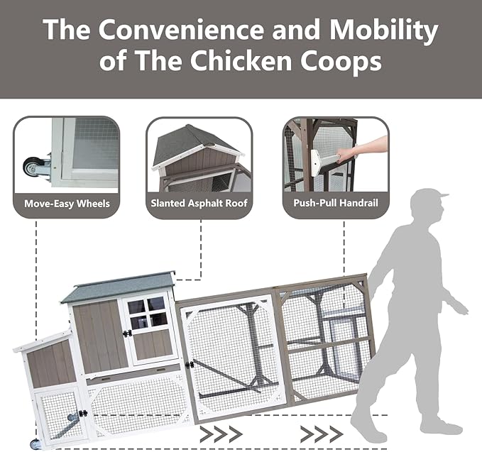 Chicken Coop Mobile Wooden Hen House with Nesting Box,95.3" L Outdoor Chicken House with Wheels and Removable Tray,Fir Wood Chicken Tractor with 6 Ventilation Door and Ramp-Grey