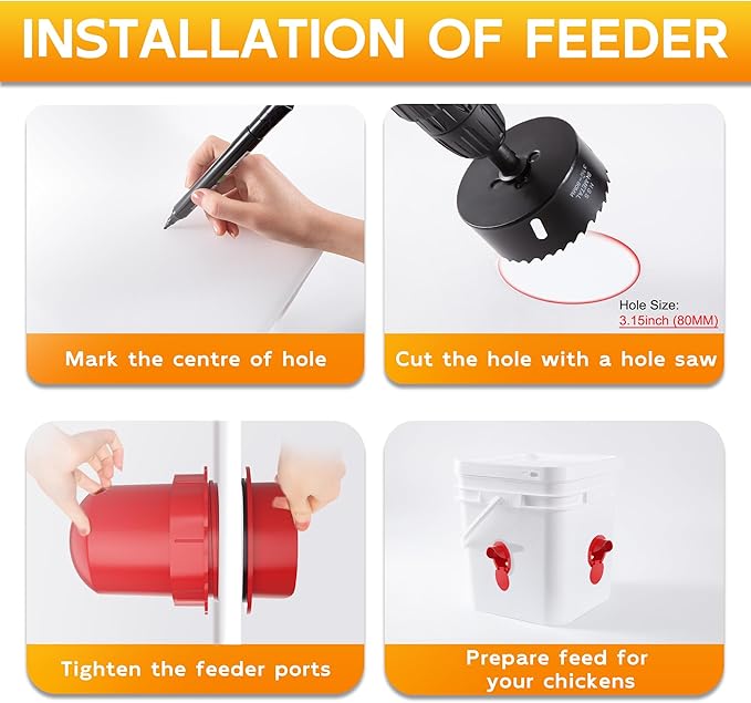 Chicken Feeder Port 8 Pack Poultry No Waste Port Kit with Stopper Lid, 1 Hole Saw, DIY Automatic Reusable Coop Feeders, Rain Proof Gravity Feeding Geese Duck Hens Rooster for Bucket Barrel Bin (Red)