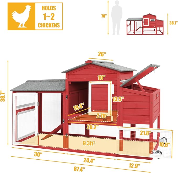 PetsCosset 136" Chicken Coop with Wheels, Backyard Wooden Hen House Outdoor for 1-6 Chickens, 2 Story Poultry Cage Chicken Coop and Run, Nesting Box, Pull Out Trays, Set of Two, (Red)