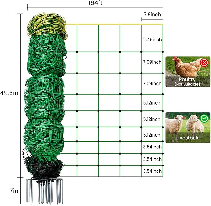 Electric Fence Netting, 164'L x 49.6" H Movable Livestock Nets for Sheep, Hogs, Cattle, PE Net Fencing Kit with 14 Posts Double Spiked, Electric Fencing for Backyards, Homesteaders, Farms Ranches