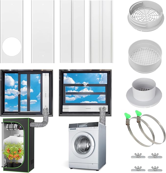 Window Vent Kit, Portable Air Conditioner Window Kit, Universal for 4”/6” Ducting & 5.1"/5.9" Hose for Sliding Window, Upgraded AC Window Seal Kit for HVAC, Inline/Duct Fans, Grow Tent, Dryer