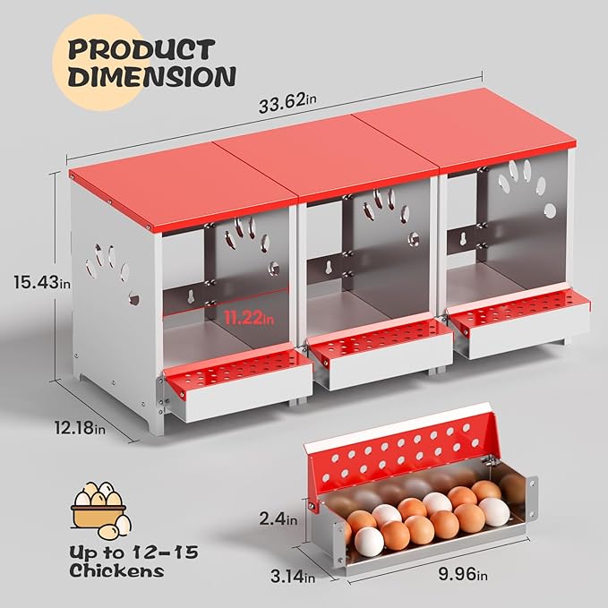 Chicken Nesting Boxes, One Hole Large Metal Hen Laying Box with Swing Perch and Roll Away Egg Collection, Wall Mountable with Vented Holes for Chickens Ducks Birds