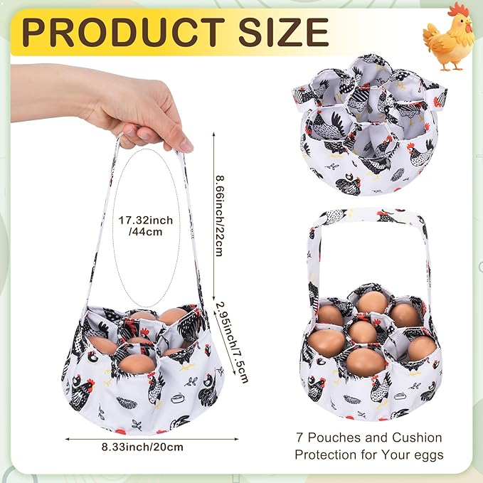 Egg Collecting Basket, Canvas Egg Basket for Gathering with 7 Pouches for Chicken, Duck, Goose, Bird, Various Poultry Collection (Red-crested)