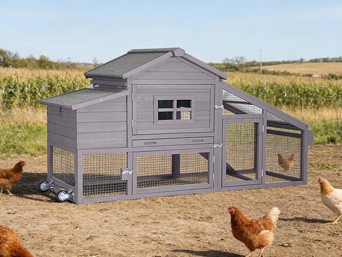 GUTINNEEN Large Chicken Coop on Wheels, Expandable Outdoor Mobile Chicken House, Hen House Poultry Cage with Nesting Box, Leakproof Pull-Out Tray & UV-Resistant Roof – Grey