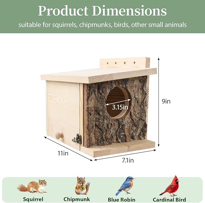 Squirrel Nesting Box - Easy Assembly Squirrel Houses for Outside Nesting, Wooden Nesting Box for Squirrels,Chipmunk,Bird and Small Animals